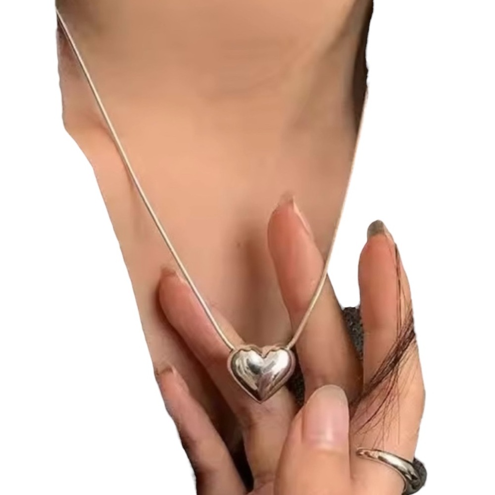 ELEGANT SILVER TONE PUFF HEART NECKLACE